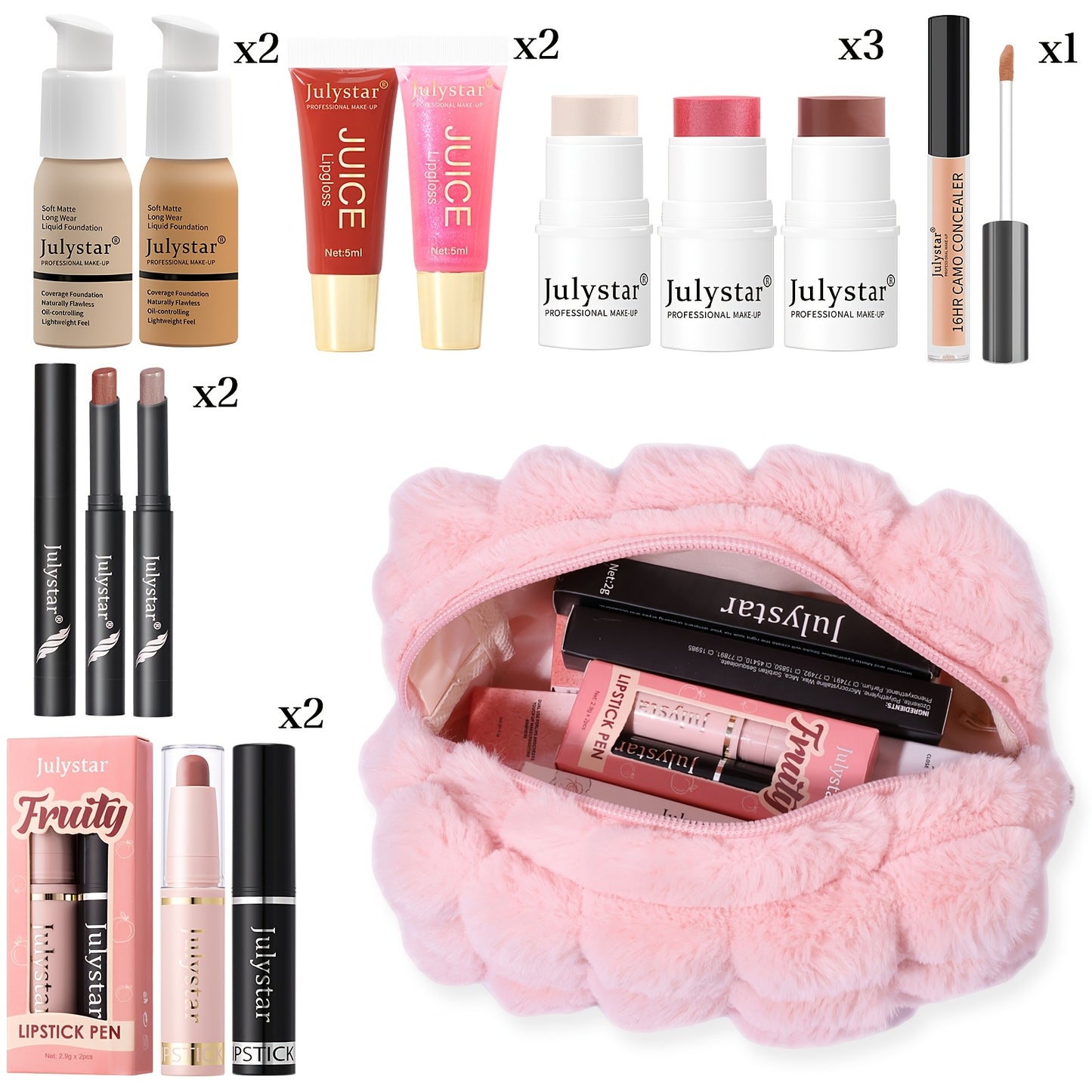 12pcs Makeup Gift Set with Foundation, Lip Gloss, Lipstick, Eyeshadow Stick, Blush - Includes Cosmetic Bag, Ideal for Women, Valentine'S Day, Holiday Gift for Girls, Liquid Form