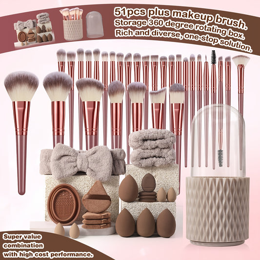 51pcs Face Makeup Tool Set, 30pcs Makeup Brushes & Makeup Brush Holder & Hair Tie & 2pcs Wrist Bands & 4pcs Large Makeup Sponge Puffs & 4pcs Fan Powder Puffs & 4pcs Mini Makeup Sponges & 4pcs Finger Powder Puffs & Makeup Brush Wash Bowl, Wand Form, Alcoho